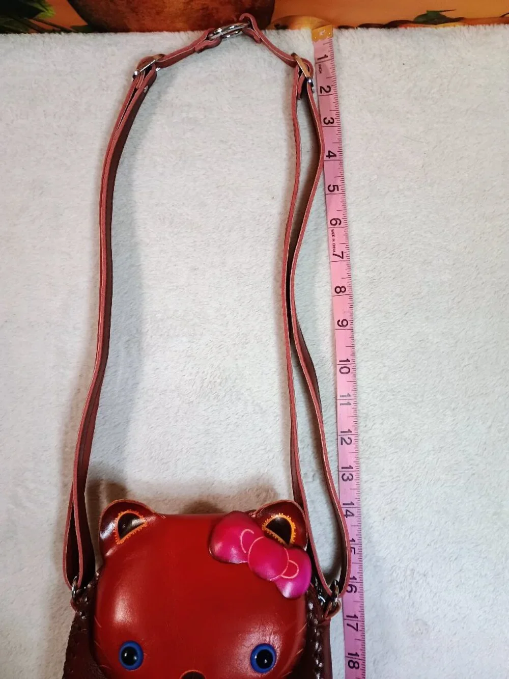 EUC Handmade Tooled Leather Red & Maroon Cat Novelty Crossbody Bag Small